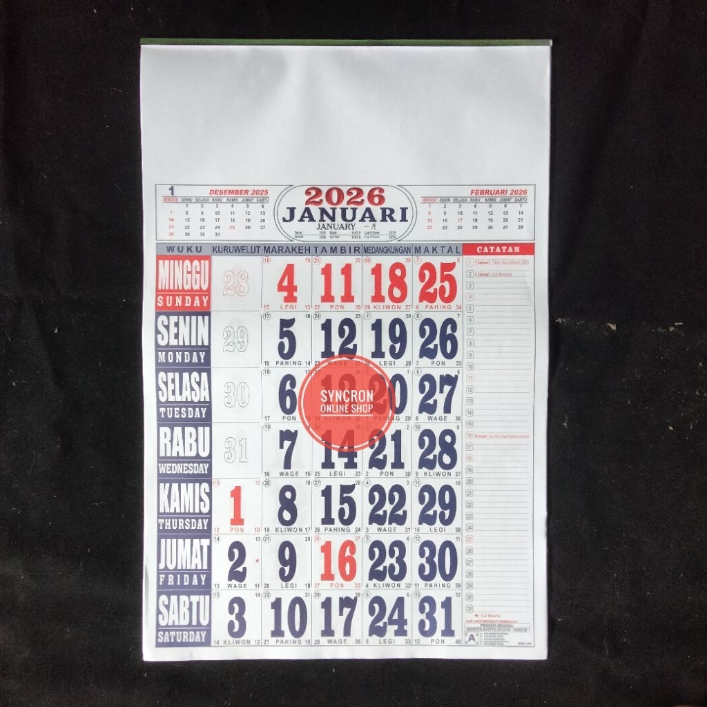 

Kalender 2026 Angka Besar & Lengkap ukuran 32x50cm