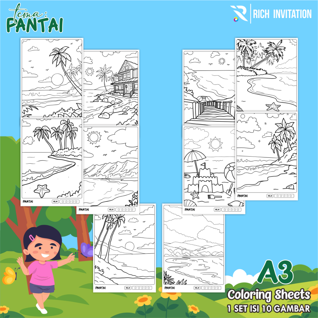 

(A3) KERTAS MEWARNAI ANAK - KERTAS COLORING ANAK PAUD TK - TEMA PANTAI