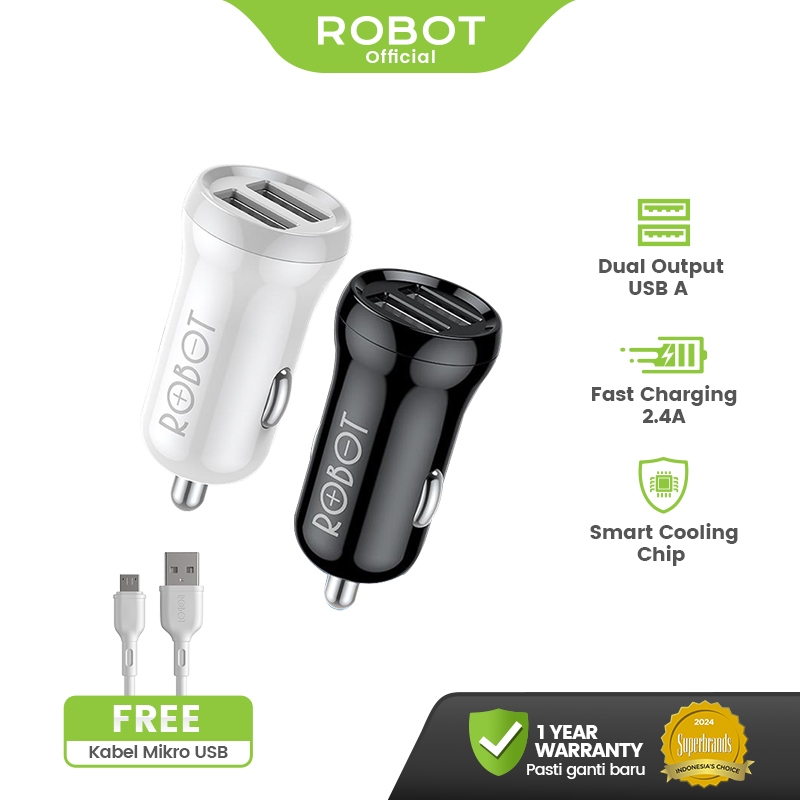 ROBOT Car Charger Mobil With 2 Port Adapter Charger Mobil Free Kabel Micro USB Colokan HP Charger Mo