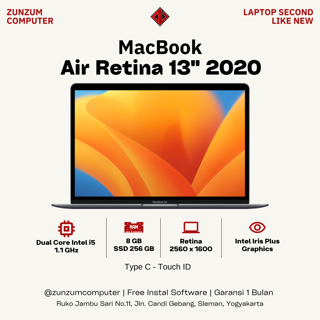 Macbook Air Retina 13 Inch 2020 Intel Core i3 i5 i7 Ram 8GB SSD 128/256/512GB Terlengkap Like New