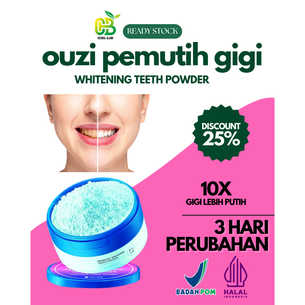 Ouzi Bubuk Pemutih Gigi Instant - Whitening Teeth Powder Aman untuk Sensitif Fresh Mint Bikin Gigi P