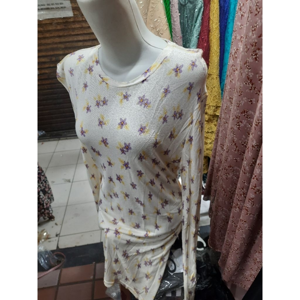 JUAL KAOS CEWEK POLA DASTER /TUNIIK DENGAN MOTIF BUNGA LAVENDER FULL PRINT