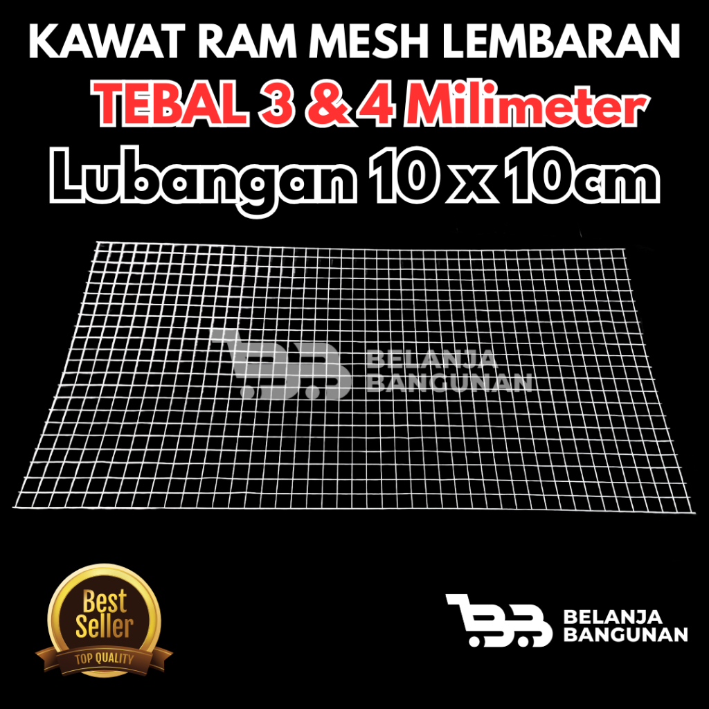 Kawat Ram Mesh Lembaran Galvanis Tebal 3 dan 4 milimeter Lubangan 10x10mm - Variasi Ukuran