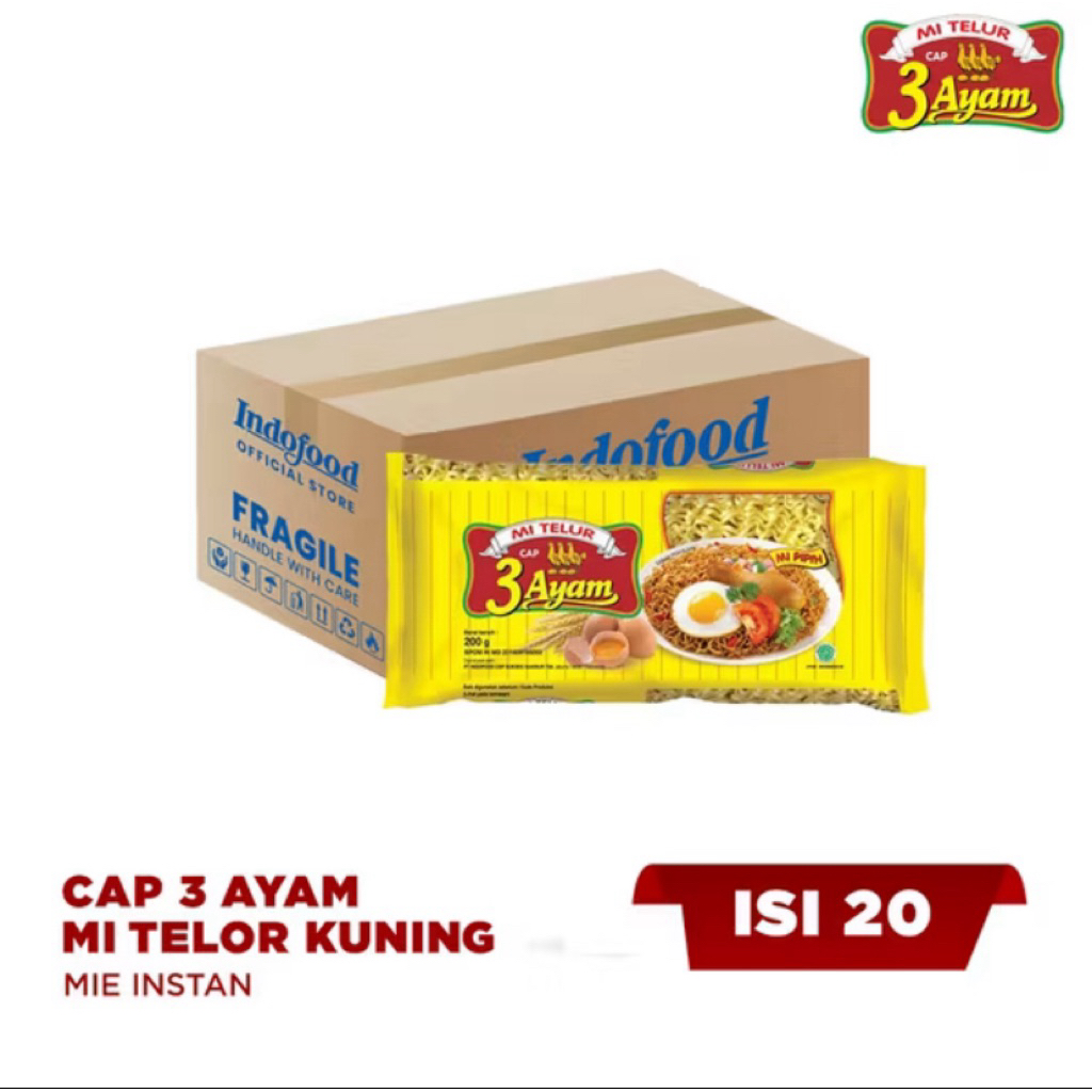 

Mi Telur Cap 3 Ayam Kuning 1 Dus (Isi 20 pcs x 200g) – Kenyal, Gurih, Lebih Ekonomis
