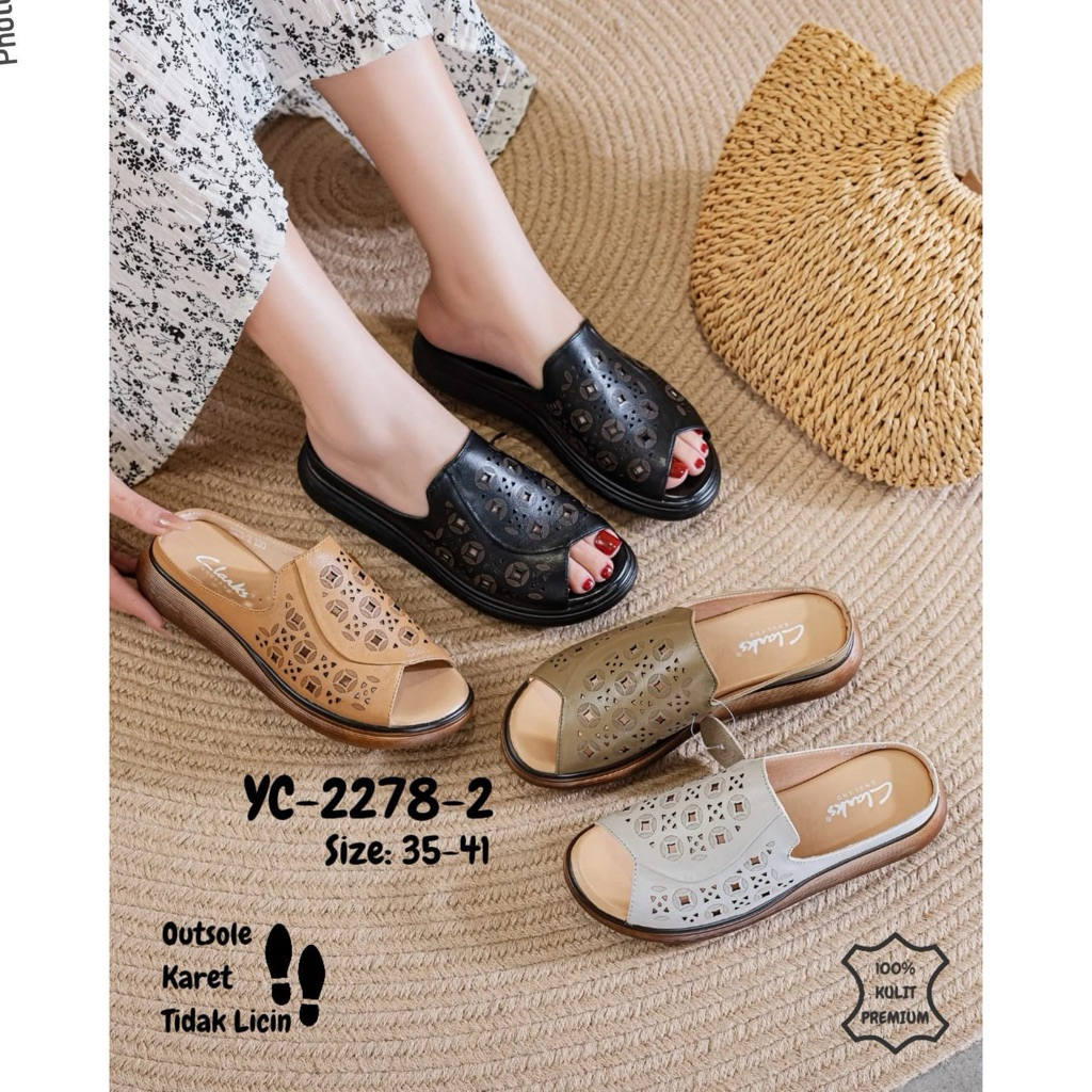 TERMURAH Sendal Clarks YC-2278-2 Leather Mule Sandal Open Toe 4,5cm / Sandal kulit wanita import / F