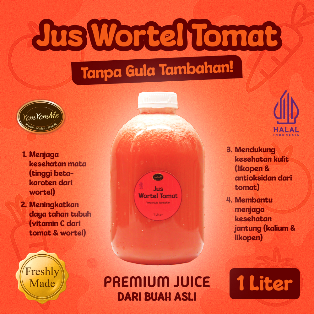 

Jus Wortel Tomat 1 Liter (1L) - Jus Premium dan Kental Dari Buah Asli Tanpa Gula Tambahan - Sehat, Segar, Kaya Vitamin A & C - YomYomMe Drinks