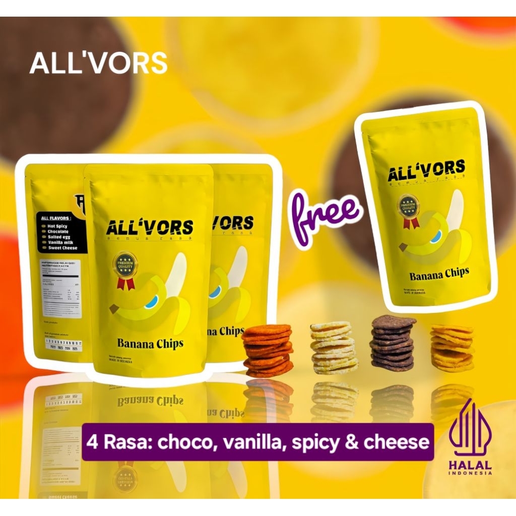 

Paket Hemat ALL’VORS Banana Chips 4 Rasa Keripik Pisang Premium 100% Pisang Asli Snack Renyah HALAL