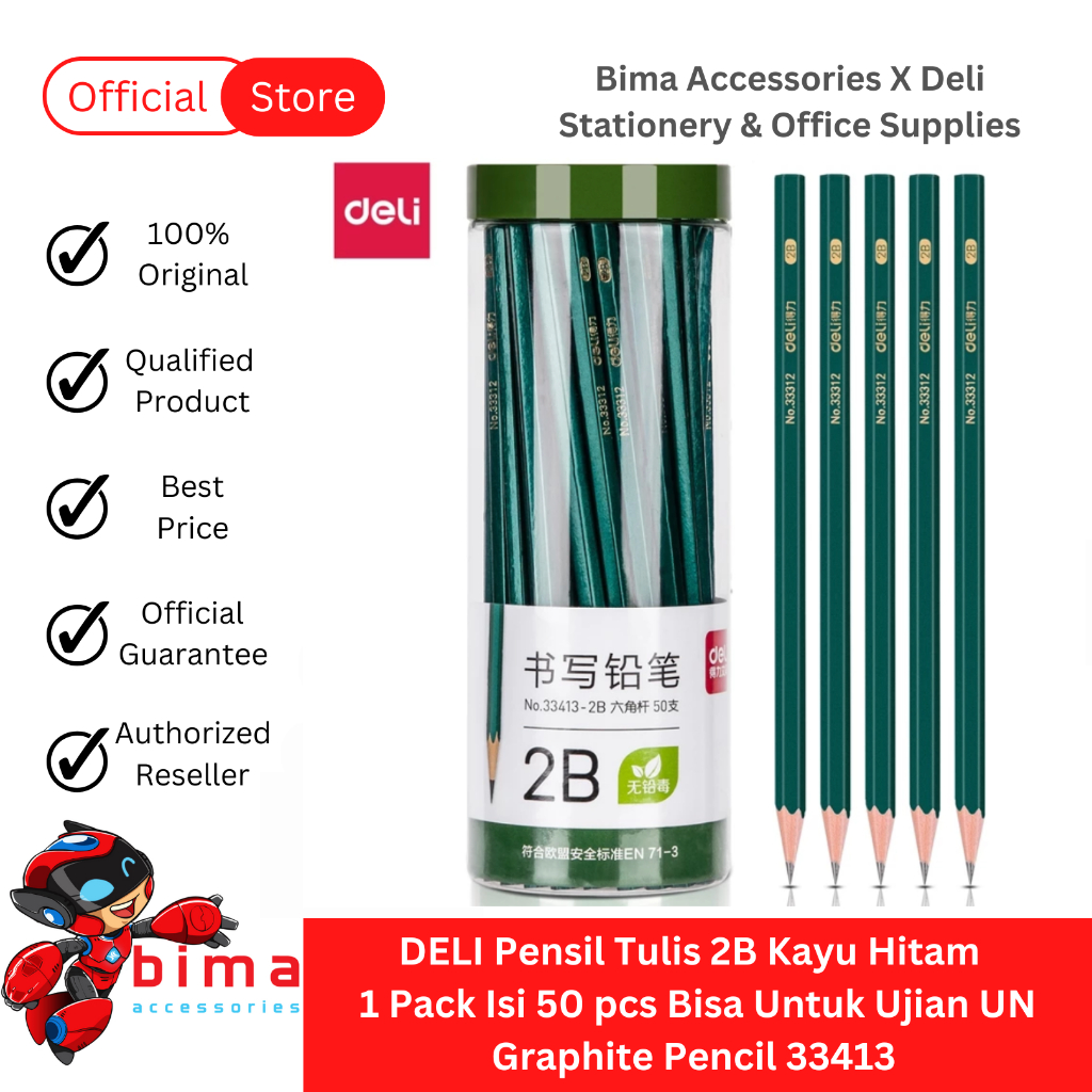 

DELI Pensil 2B Tulis Kayu Hitam 1 Pack Isi 50 pcs Bisa Untuk Ujian UN Graphite Pencil 33413