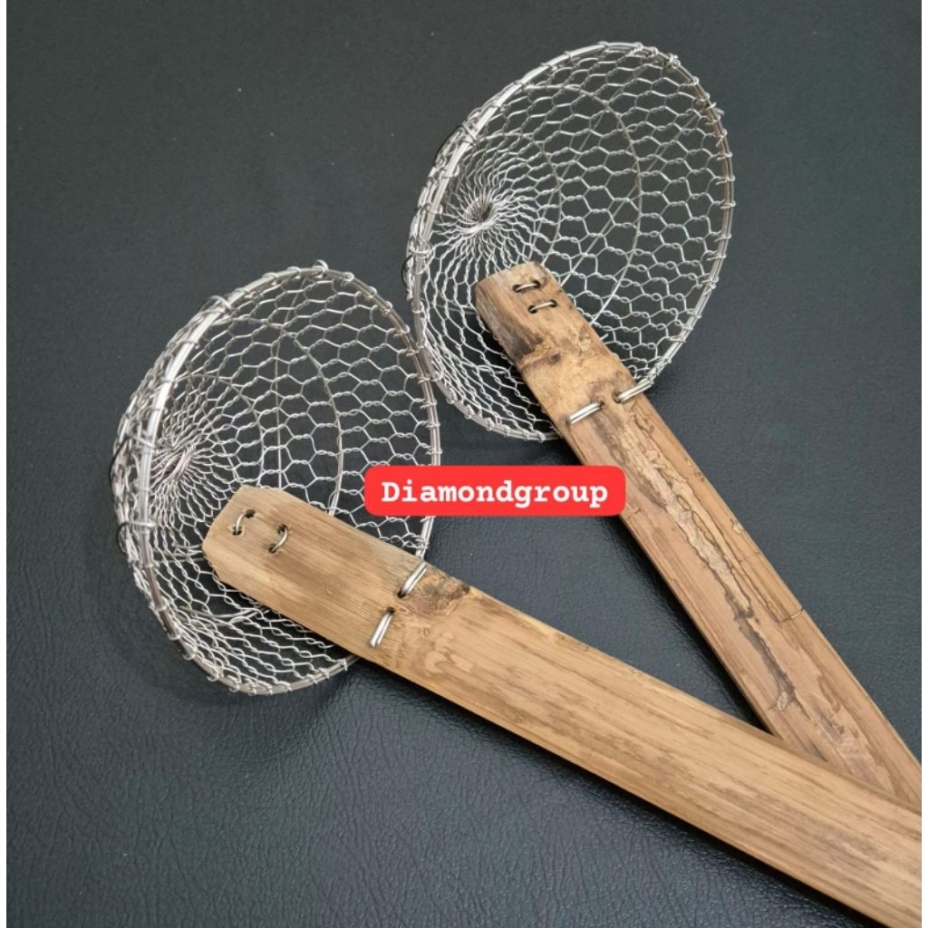 SEROK MIE AYAM KAWAT STAINLESS / SARINGAN MIE AYAM KAWAT STAINLESS BARU GAGANG BAMBU SEROK MIE AYAM 