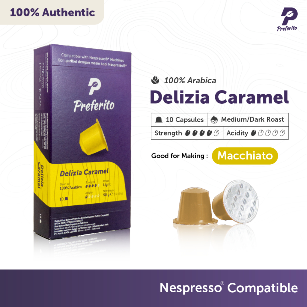 

Preferito Delizia Caramel Kopi Kapsul Nespresso Compatible Coffee Capsule