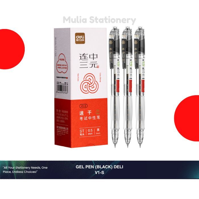 

(1 Kotak isi 12 pcs) Gel Pen V1-S Deli (Black Ink) | Gel Pen Deli 0.5 mm | Pena Sekolah | Alat Tulis Sekolah
