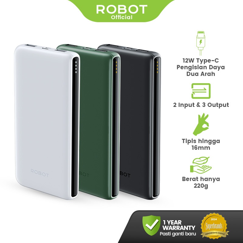 ROBOT RT180S Powerbank 10000mAh – Fast Charging 12W, 3 Output & Dual Input (Type-C), Kompatibel Andr