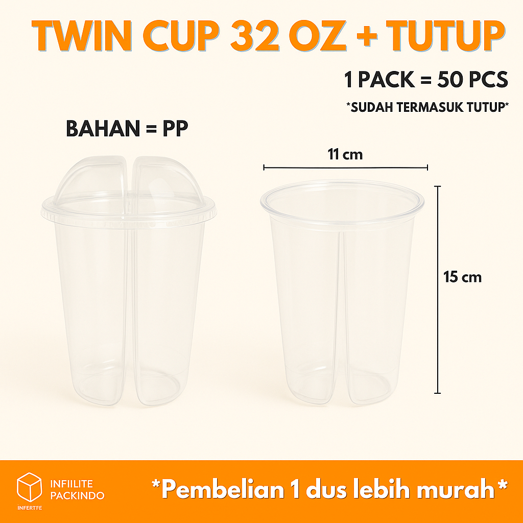 (ISI 50 PCS) TWIN CUP 32 OZ + TUTUP | GELAS PLASTIK SEKAT 2