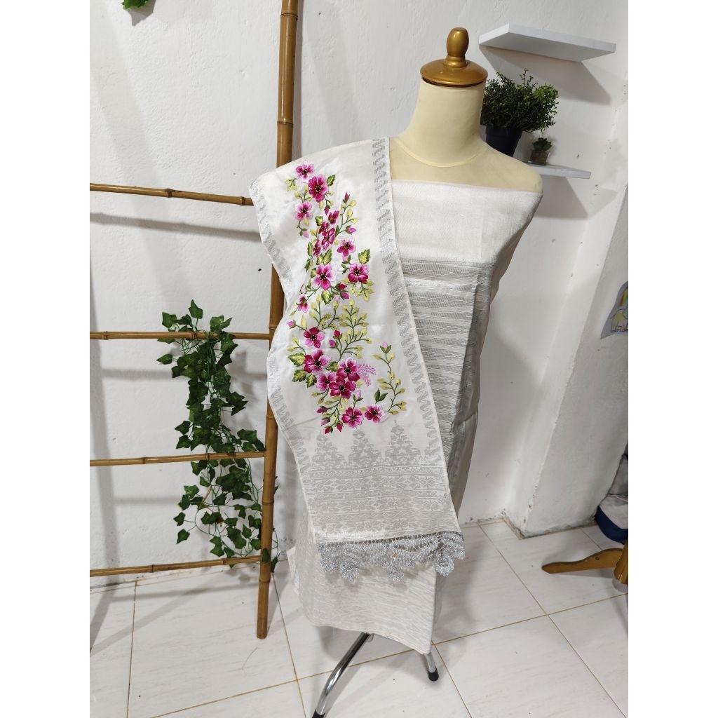 Songket silungkang selendang sulam warna bw silver, putih bw, songket padang