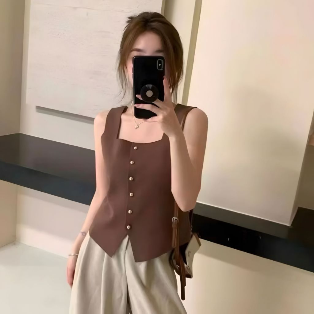Tank Top Baju Atasan Knit Rajut Crop Wanita Korean V-Neck Tanktop Wanita Full Kancing Premium Tanpa 