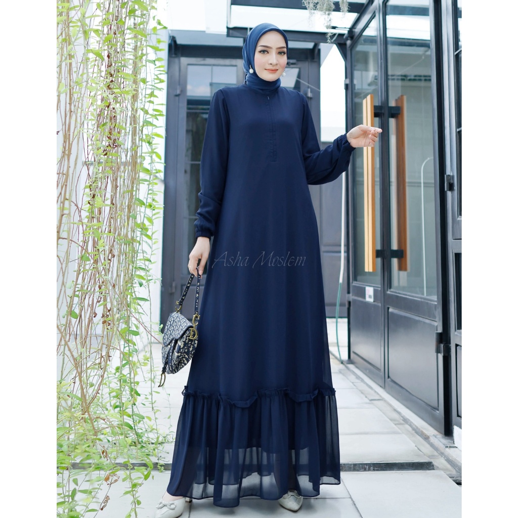 Asha Moslem Gamis Polos Rempel Bawah Ceruti Premium