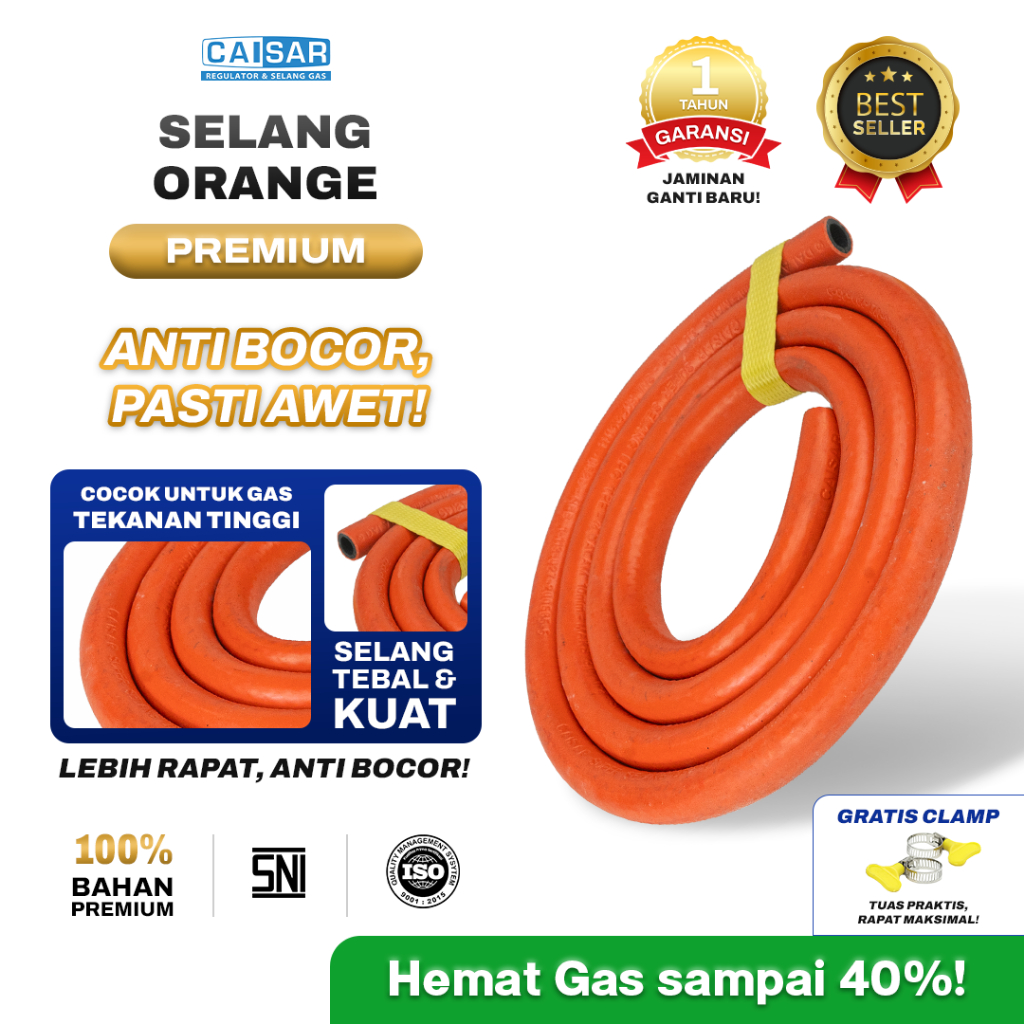 CAISAR - Selang Gas 1,8M Orange Tebal ANTI BOCOR + Klem Clamp | Hemat Gas Untuk Kompor Tekanan Renda