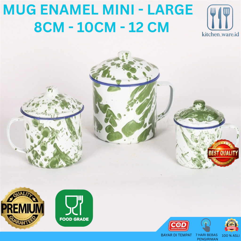KITCHEN WARE - Mug Enamel Motif Blirik Loreng Antik Warna Hijau + Tutup Cangkir Kopi Vintage Jadul M