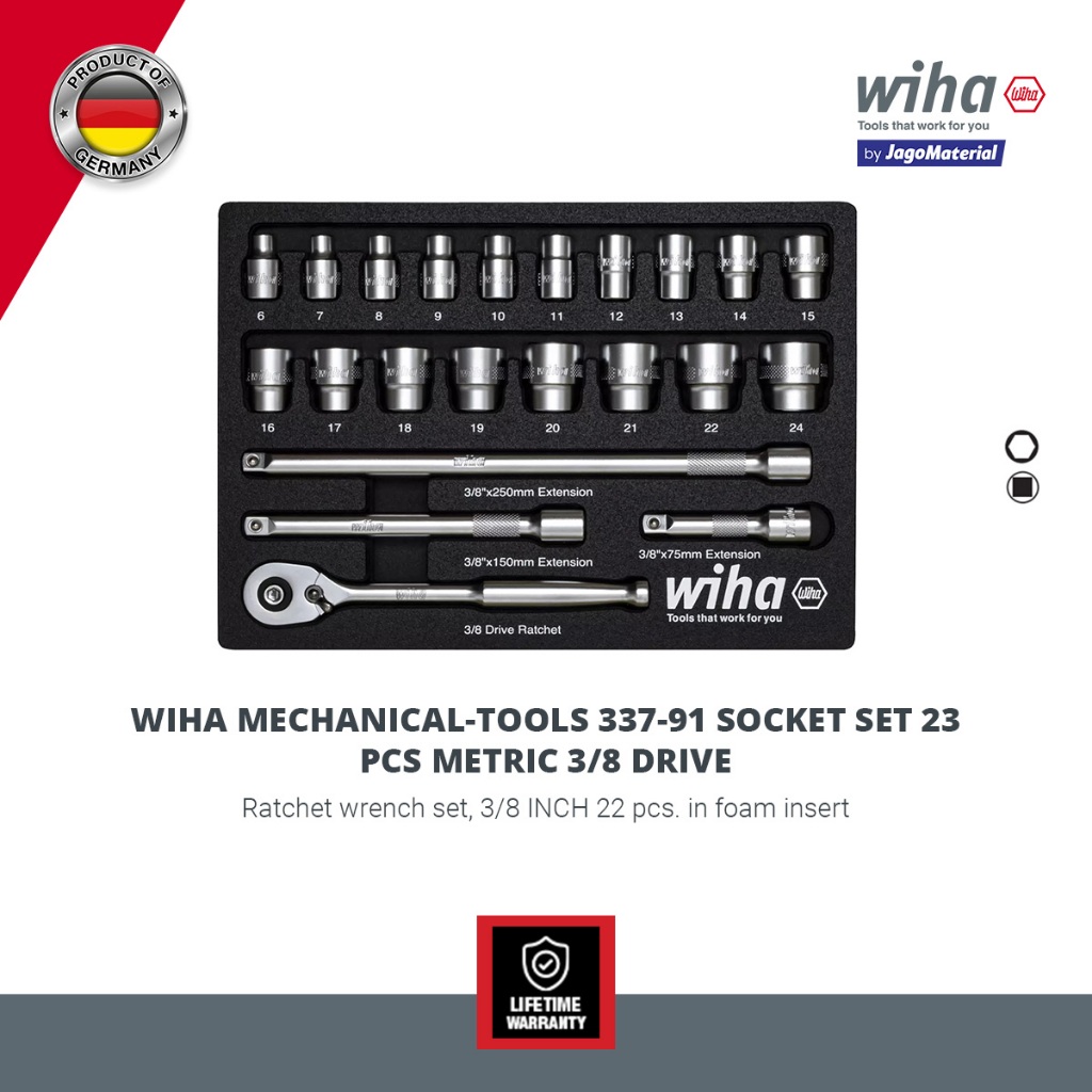Wiha Mechanical-Tools 337-91 Socket Set 23 PCS Metric 3/8 Drive - Ratchet Wrench Set - Kunci Sok