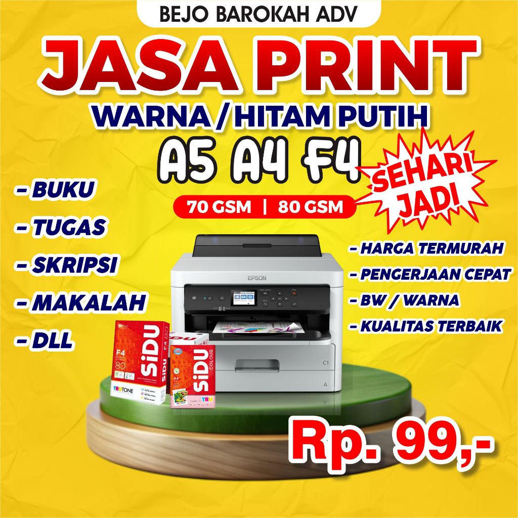 

JASA PRINT / CETAK HITAM PUTIH / WARNA CEPAT TERMURAH A5/A4/F4 SIDU 70/80 gsm, BUKU, BROSUR, MAKALAH, SKRIPSI, DLL