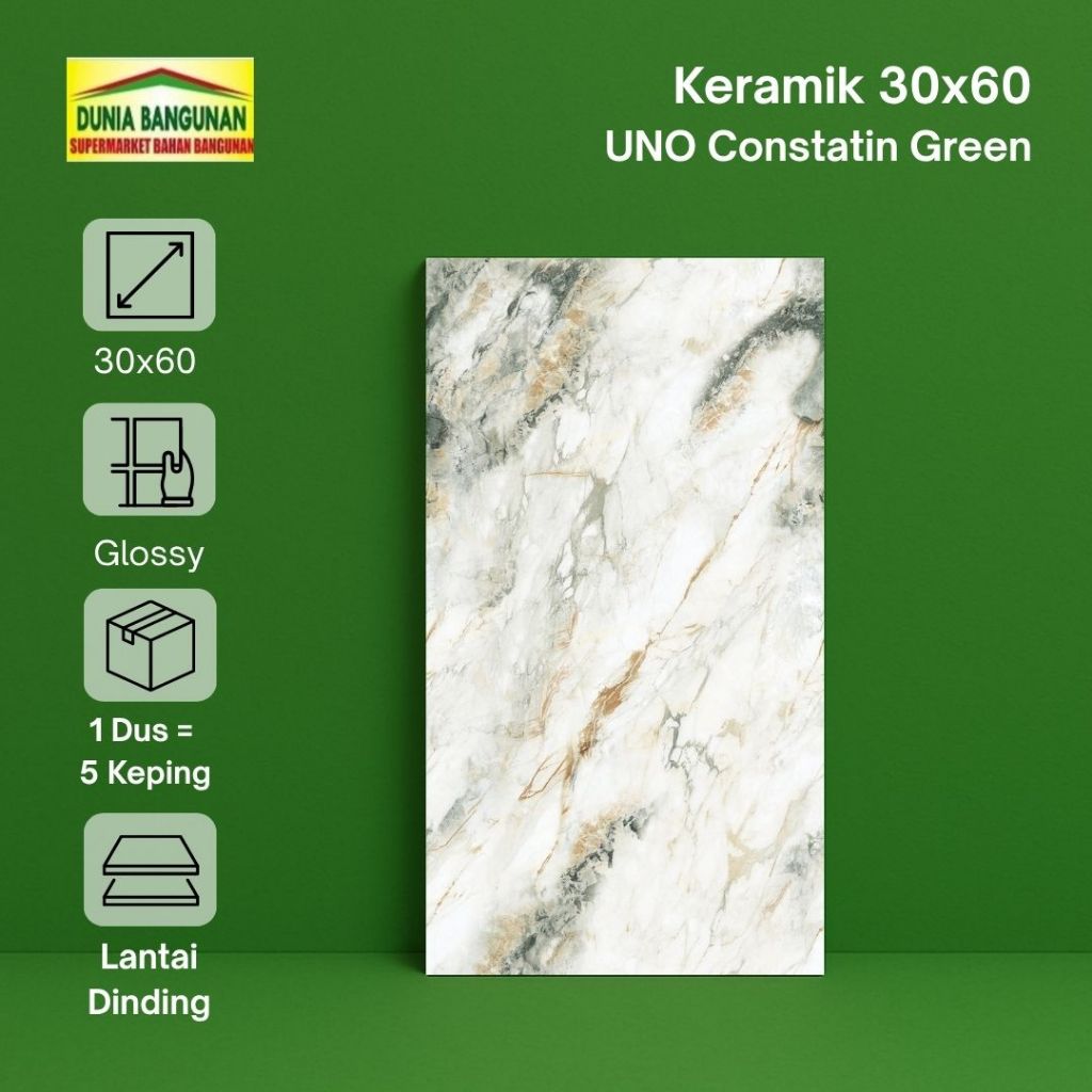 Keramik Dinding 30x60 Marble Hijau Glossy UNO Constantin Green