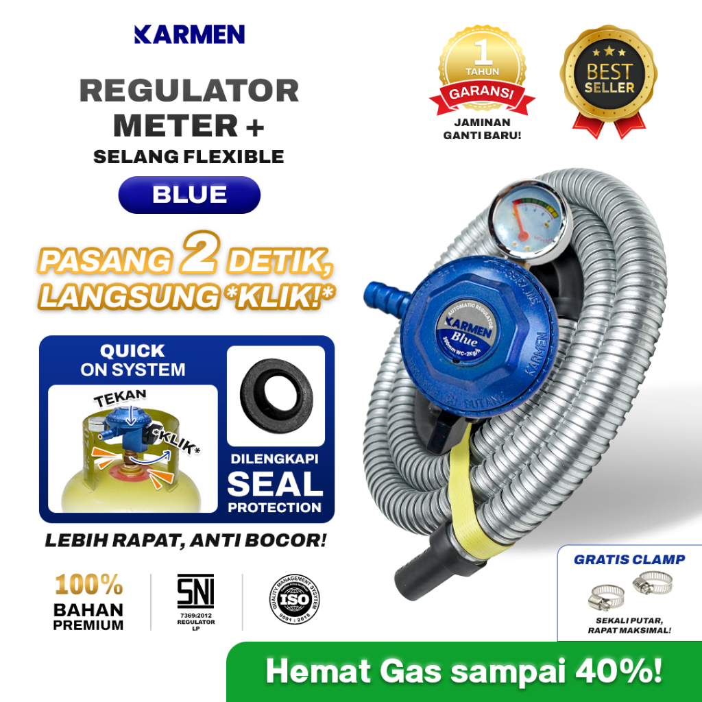 KARMEN - Paket Regulator Kompor Gas Meter Blue & Selang Gas Flexible Tebal Anti Tikus + Klem Clamp A