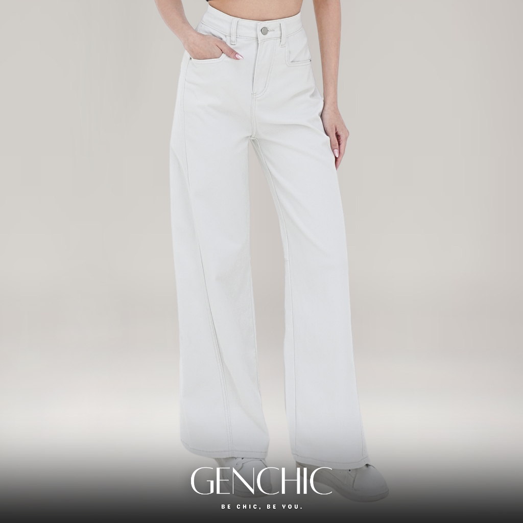 GENCHIC - Ash White Front Side Line High Waist Wide Leg White Vintage Jeans | Celana Panjang Wanita