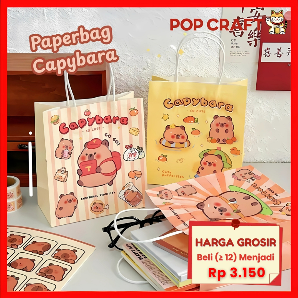 

PC Paper Bag Tas Kado Ulang Tahun Kartun Goddie Bag Motif Capybara Tas Jinjing Hampers Bingkisan