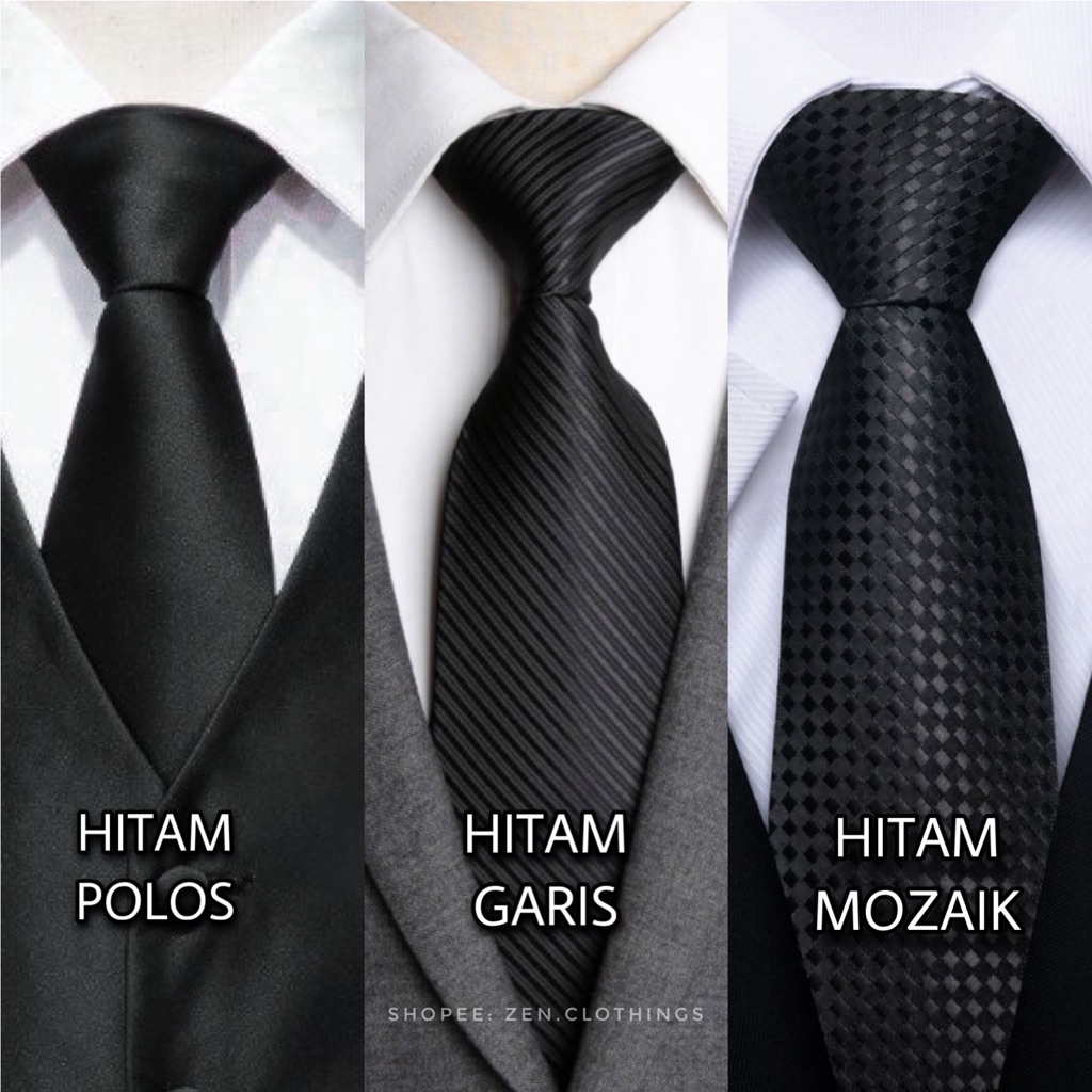 Dasi Pria Ikat Manual Warna Hitam Black Item Dewasa Panjang Formal Polos Satin Dan Motif Garis Dan