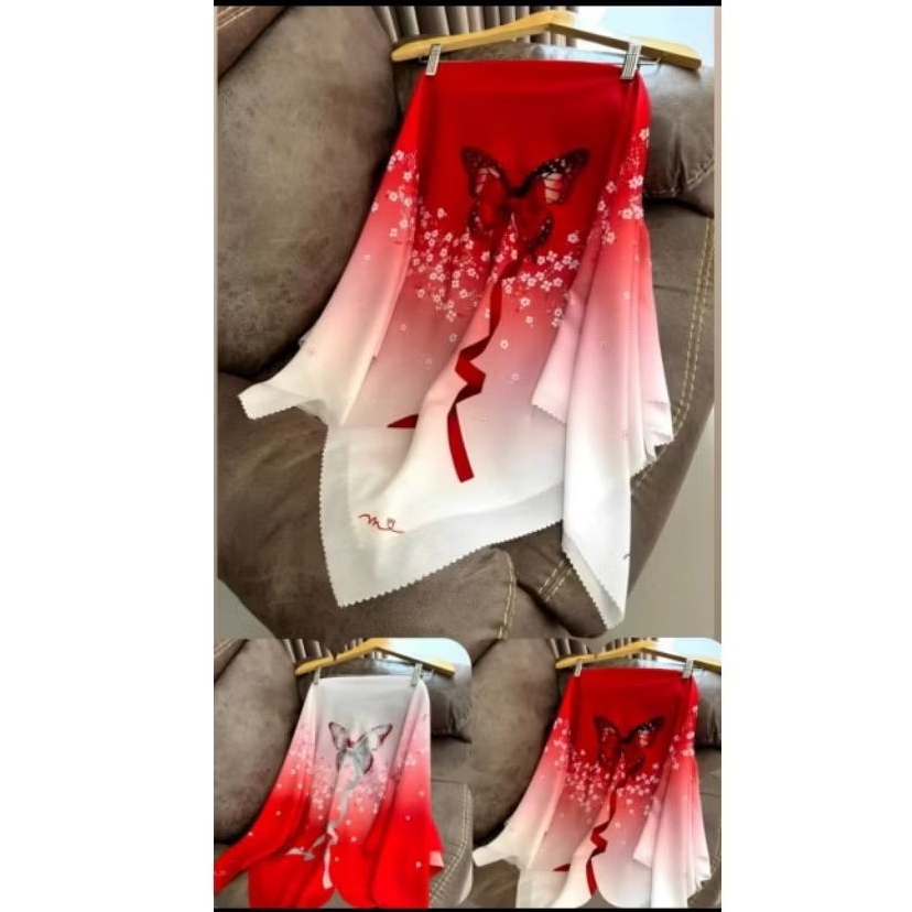 PROMO HIJAB SEGIEMPAT MOTIF MERAH PUTIH VOAL PREMIUM LASER CUT MOTIF SONGKET BATIK HENDAK/JILBAB MER