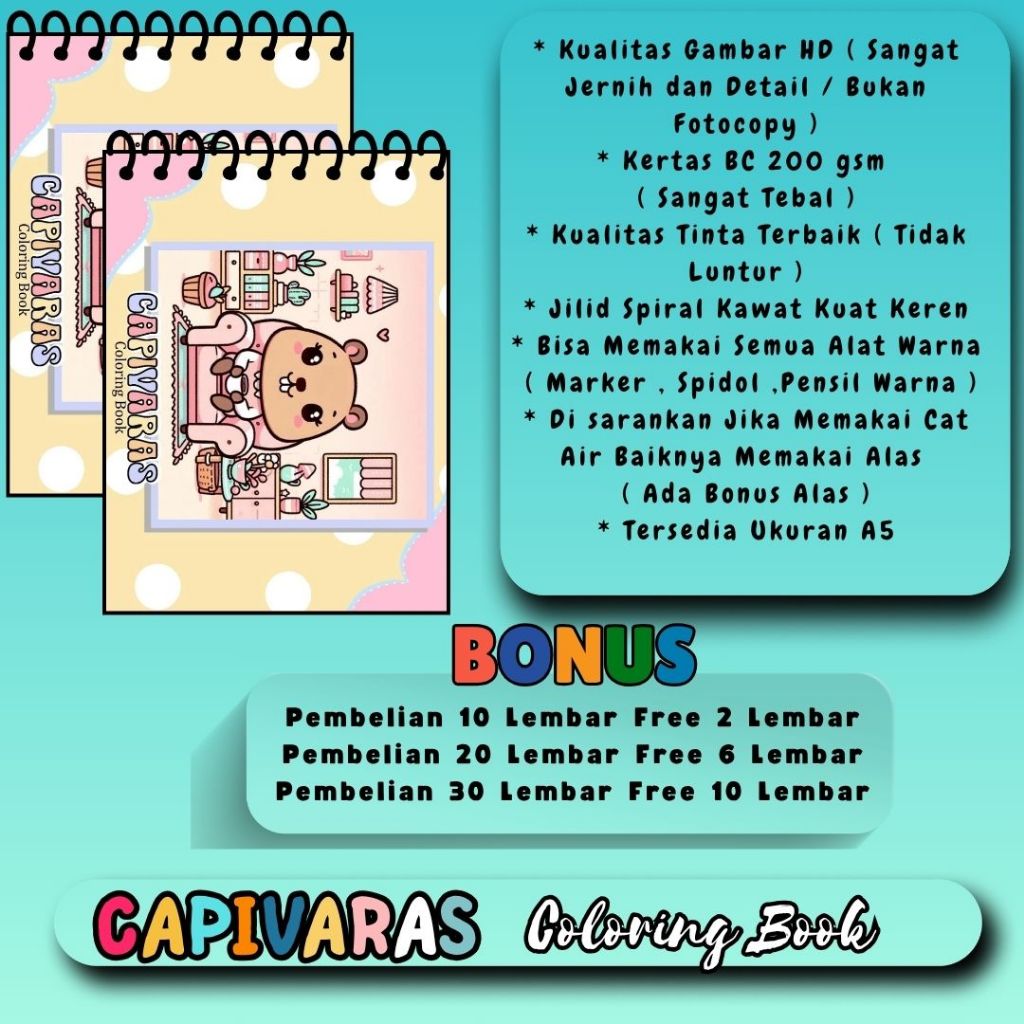 

Capivaras/ Capibara Coloring Book Buku Mewarnai Tema Keren Bagus Gambar HD Jernih Kertas 200 gsm Premium Tebal