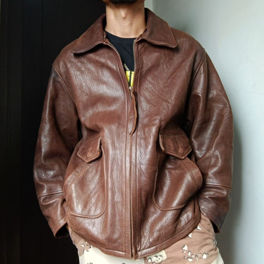 XXL Brown Casual Leather Jacket - Jaket Kulit Pria Retro Formal Pilot Unisex Second