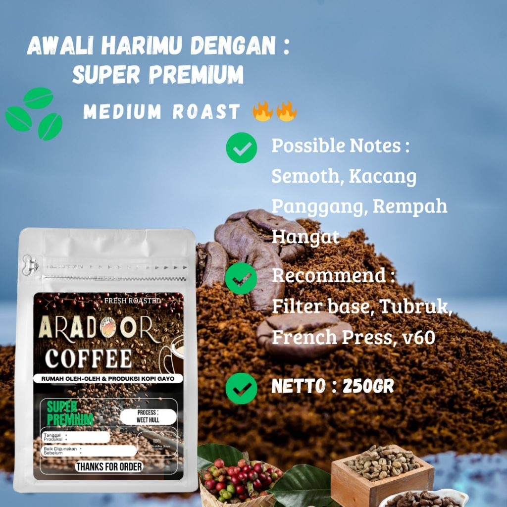 

Kopi gayo premium arabika gayo process semi wash 250gr