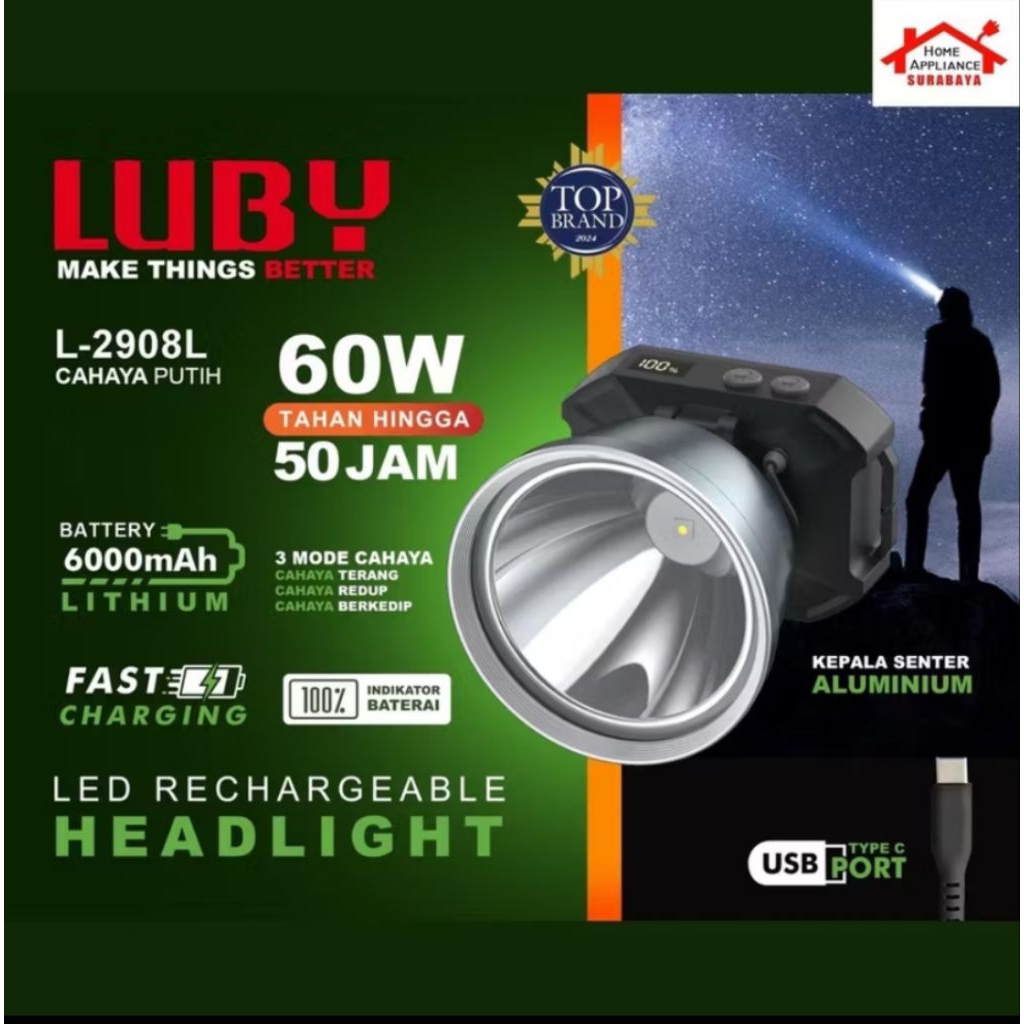 L-2908L senter kepala luby 60watt cahaya putih dan kuning tahan 50watt super terang