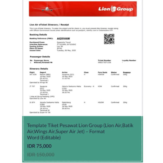 Template Tiket Pesawat Lion Group (Lion Air,Batik Air,Wings Air,Super Air Jet) – Format Word (Editab