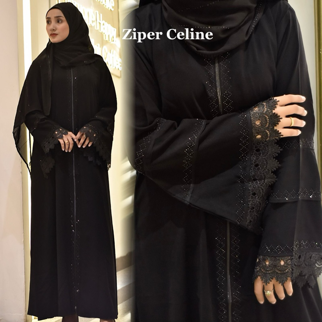 Abaya Hitam Dress Maxi Dubai Gamis Remaja Fashion Wanita Muslim Syari Umroh Ziper Celine