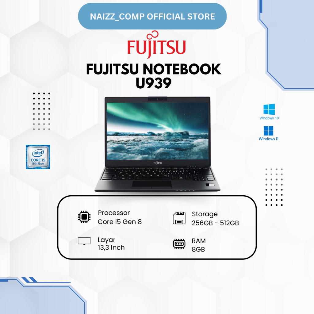 Laptop Fujitsu U939 Touchscreen Intel Core i5 Gen 8 Ram 8GB SSD 256GB Layar 13 ''Inch Murah Meriah