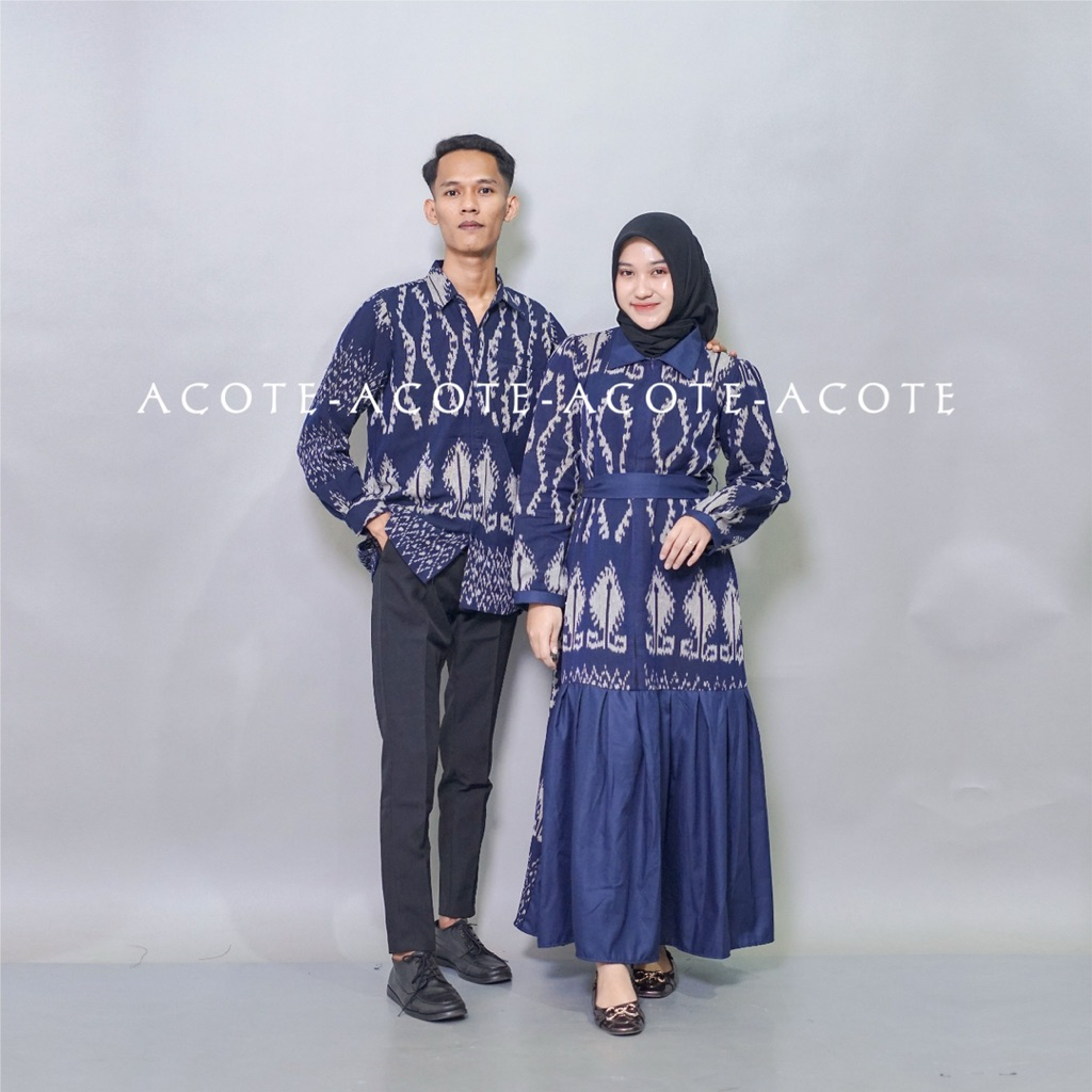 Couple Baju Tenun Nayara Navy Elegan – Set Kemeja & Dress Kondangan Modern