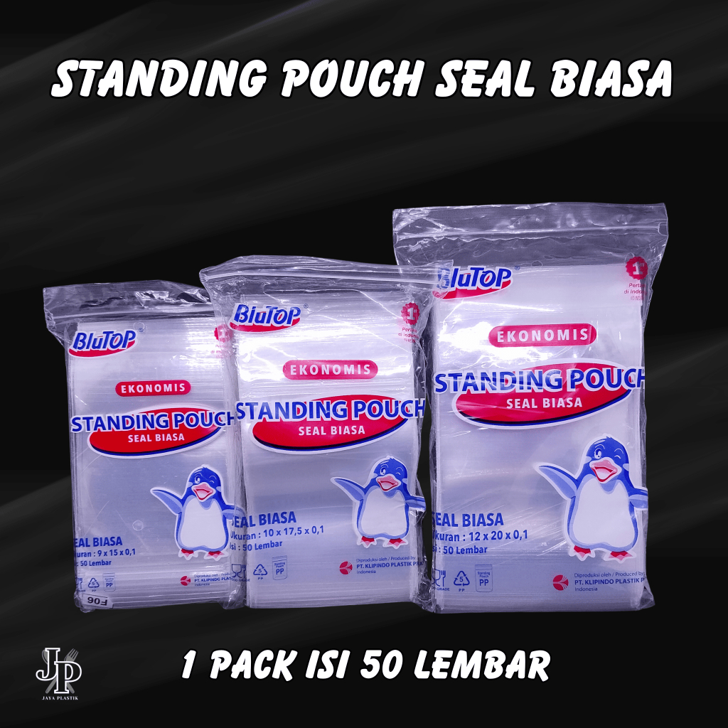Standing Pouch Seal Biasa 9x15 , 10x17 , 12x20 Blutop 1 Pack isi 50 pcs / Plastik Standing Pouch / P