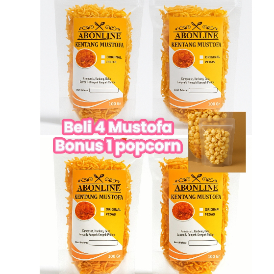 

Paket Hemat 4 Kentang Mustofa 100gr Bonus Popcorn 25gr Camilan Renyah Gurih
