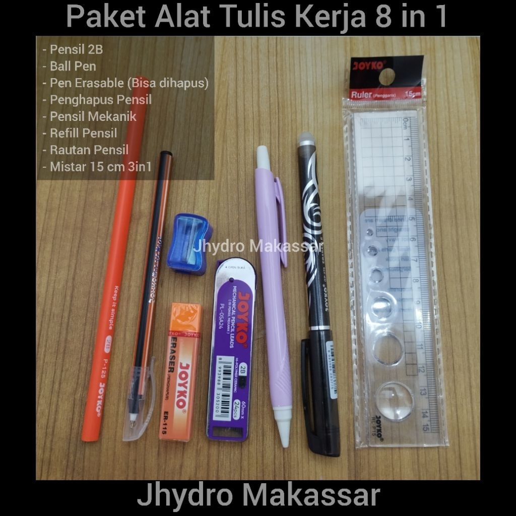 

Paket Kado Alat Tulis Sekolah Kantor 8 in 1(pensil 2B, Serutan, Penghapus, Mistar, Pulpen Bisa Dihapus, Pensil Mekanik, refill, Pulpen Ball)