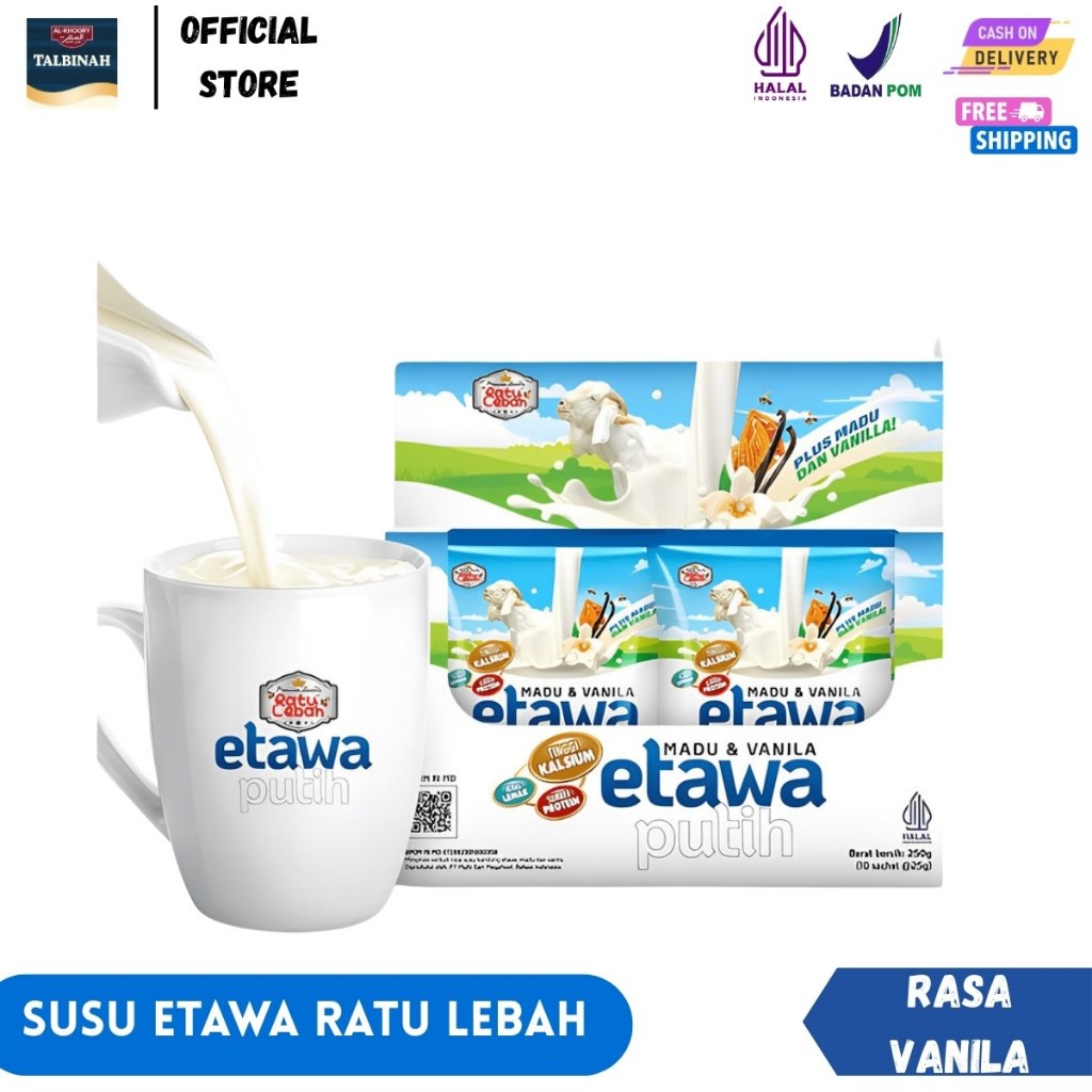 

Susu Kambing Etawa Putih Ratu Lebah Rasa Madu & Vanila Suplemen Kalsium Isi 10 Sachet