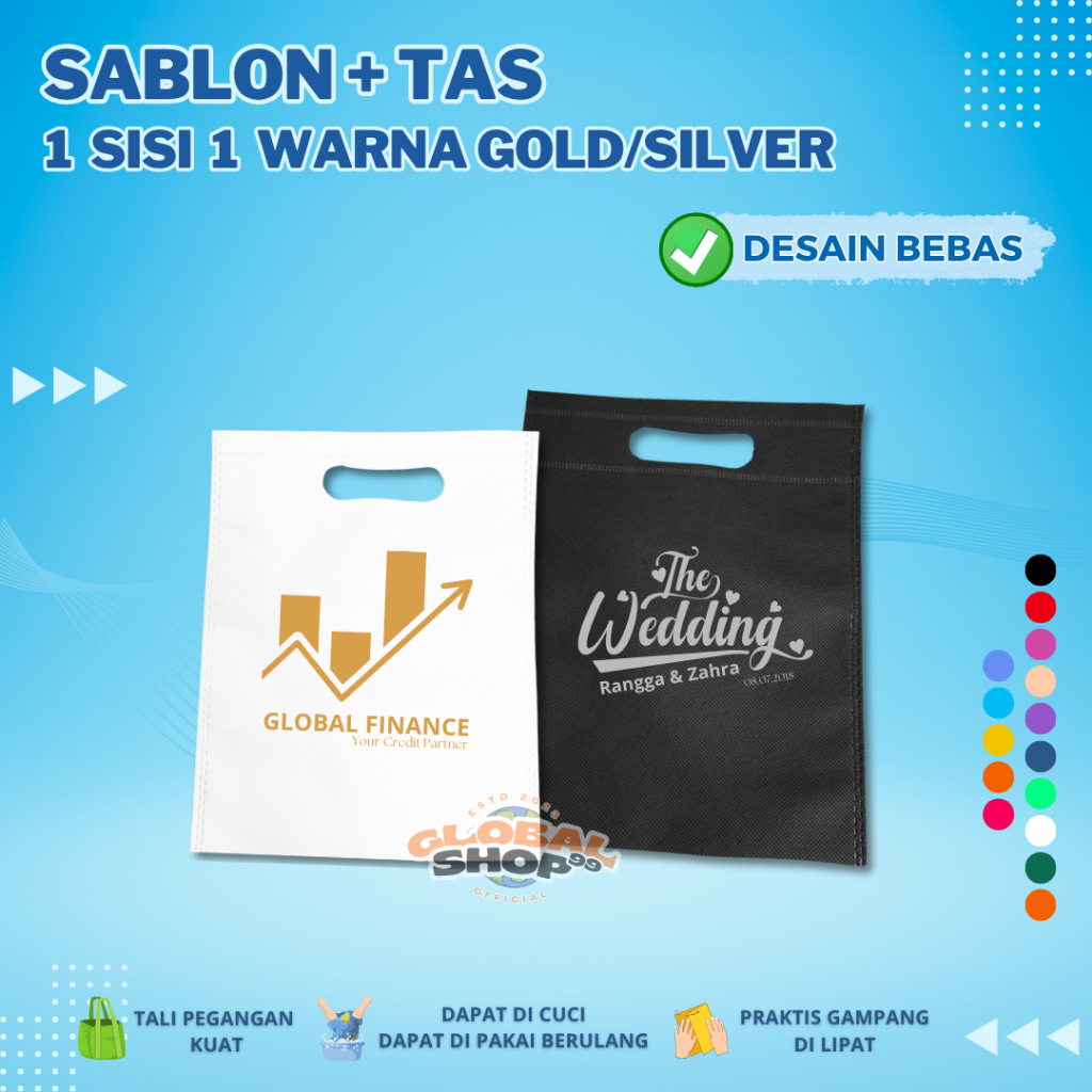 

CUSTOM SABLON PLUS TAS Goodie Bag OVAL 1 SISI 1 WARNA TINTA GOLD / SILVER 20X26 25X35 30X40 Kantong Tas Belanja Spunbond