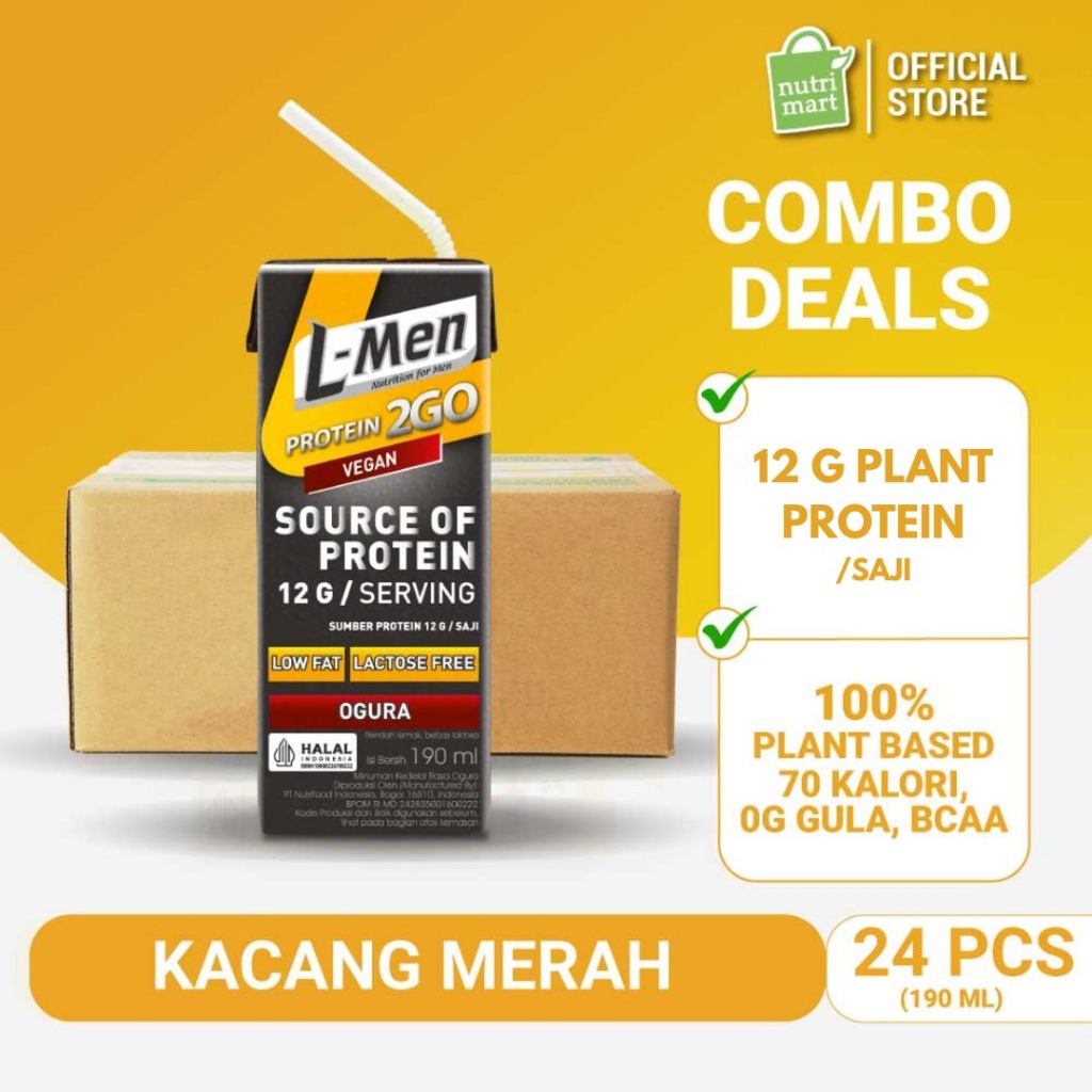L-Men UHT Plant Protein 2 GO Ogura - Kacang Merah 190ml (24 pcs) 12gr Protein & 1,6g BCAA / Serving 