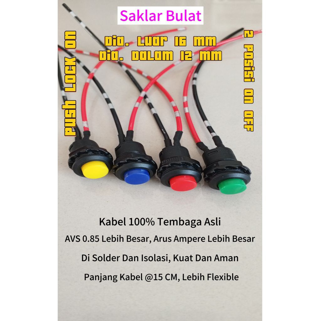 Saklar Push Button ON OFF Lock ON 2 Posisi Dilengkapi Kabel