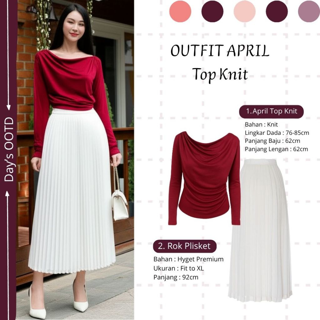 One Set Wanita April Top Maroon + Rok Plisket Putih Setelan 2in1 OOTD Hangout Simpel Casual