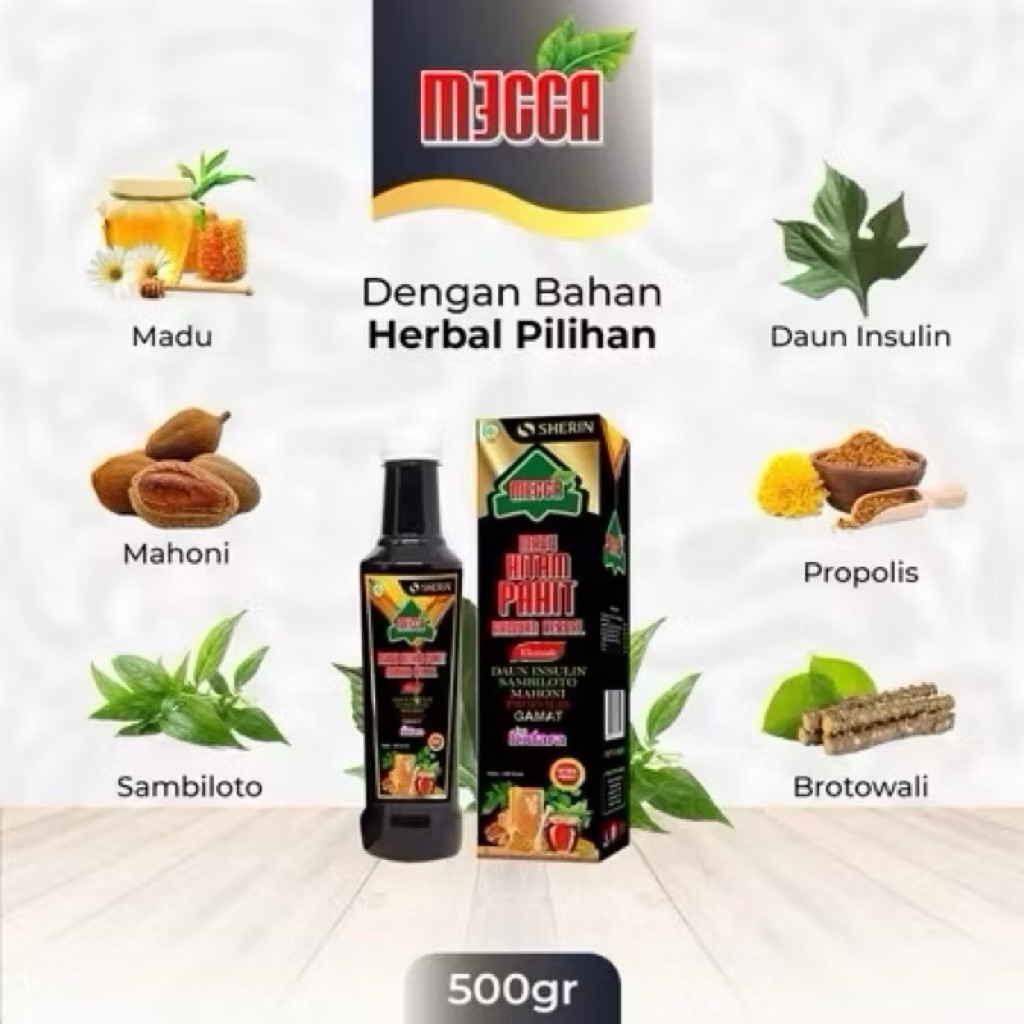 

Madu Hitam Pahit Mecca Sherin Kemasan Baru Ramuan Herbal Ekstak Daun Insulin Sambiloto Bidara Mahoni Netto 500 gram