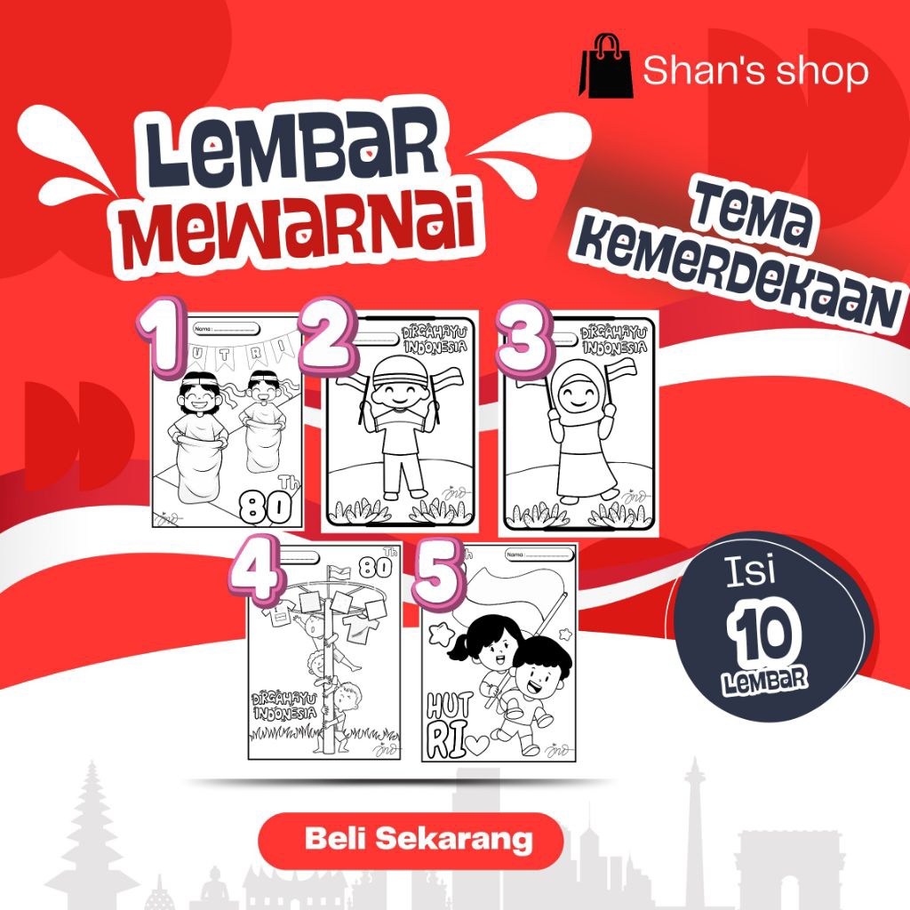 

lembar mewarnai tema 17 Agustus kemerdekaan 10 lembar A4 dan A5