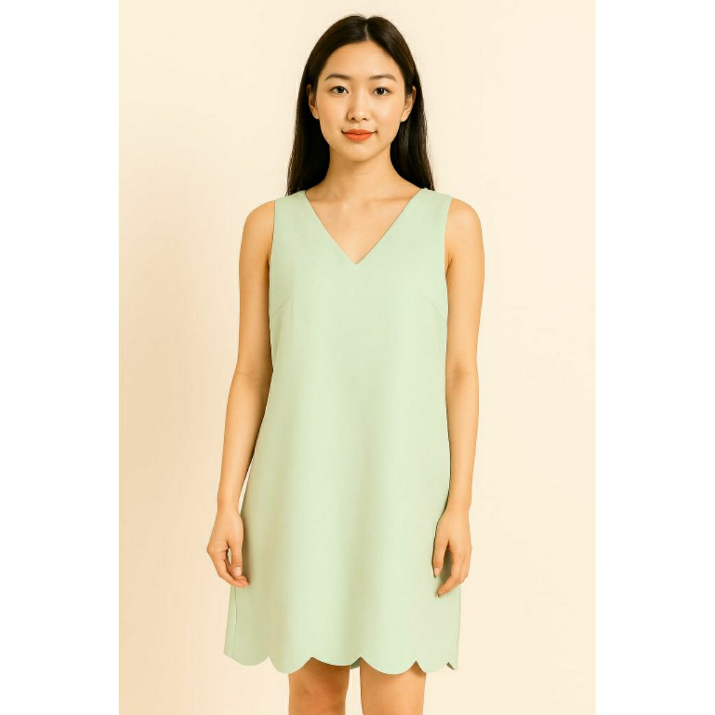 Z A L O R A ~ Gaun Wanita Bigsize Jumbo XL Hijau Muda Scuba Sleeveless V Neck Shift Scallop Dress in