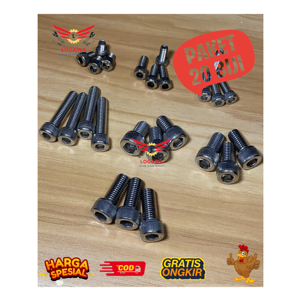 Baut L M3/M4/M5 Stainless 304 / Baut L M3/M4/M5 Murah / Baut Socket [20 BIJI]